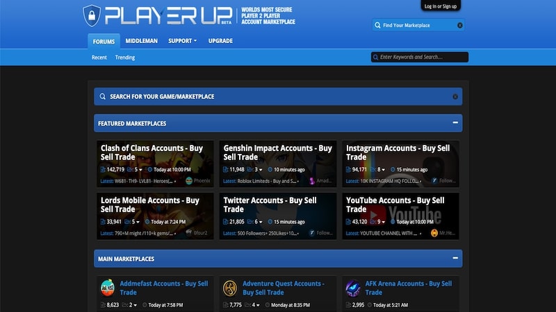 PlayerUp homepage
